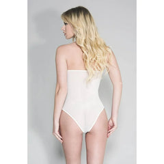 Music Legs High Neck Scalloped Trim Lace Teddy with Sheer Back White