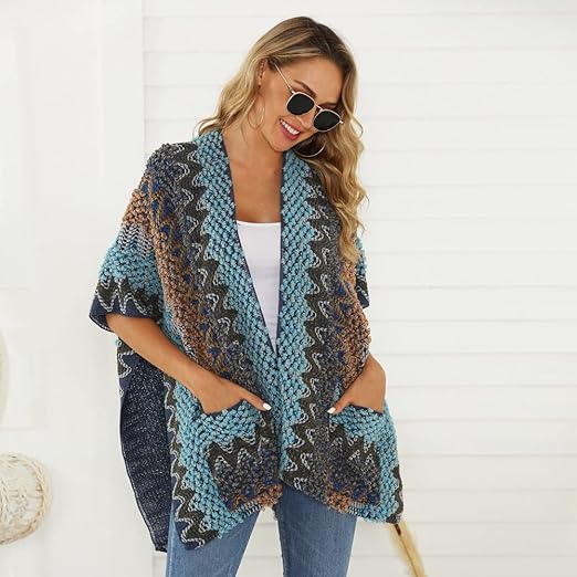 Belle de Jour Blue Patchwork Pocket Knit Open Poncho Cardigan