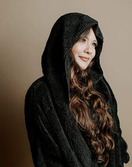 Siver Wishes Black Fuzzy Button Down Hooded Sweater With Pockets