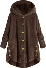 Women Hooded Coat Coffee Side-Pocket Plush Button-Up Coat - Baisico