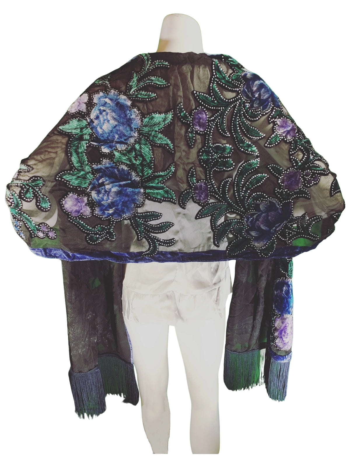 INC Sheer Etched Velvet Scarf – Black/Purple/Blue/Green, Rhinestone & Fringe Accent, Luxe Rayon Blend (37"x16")