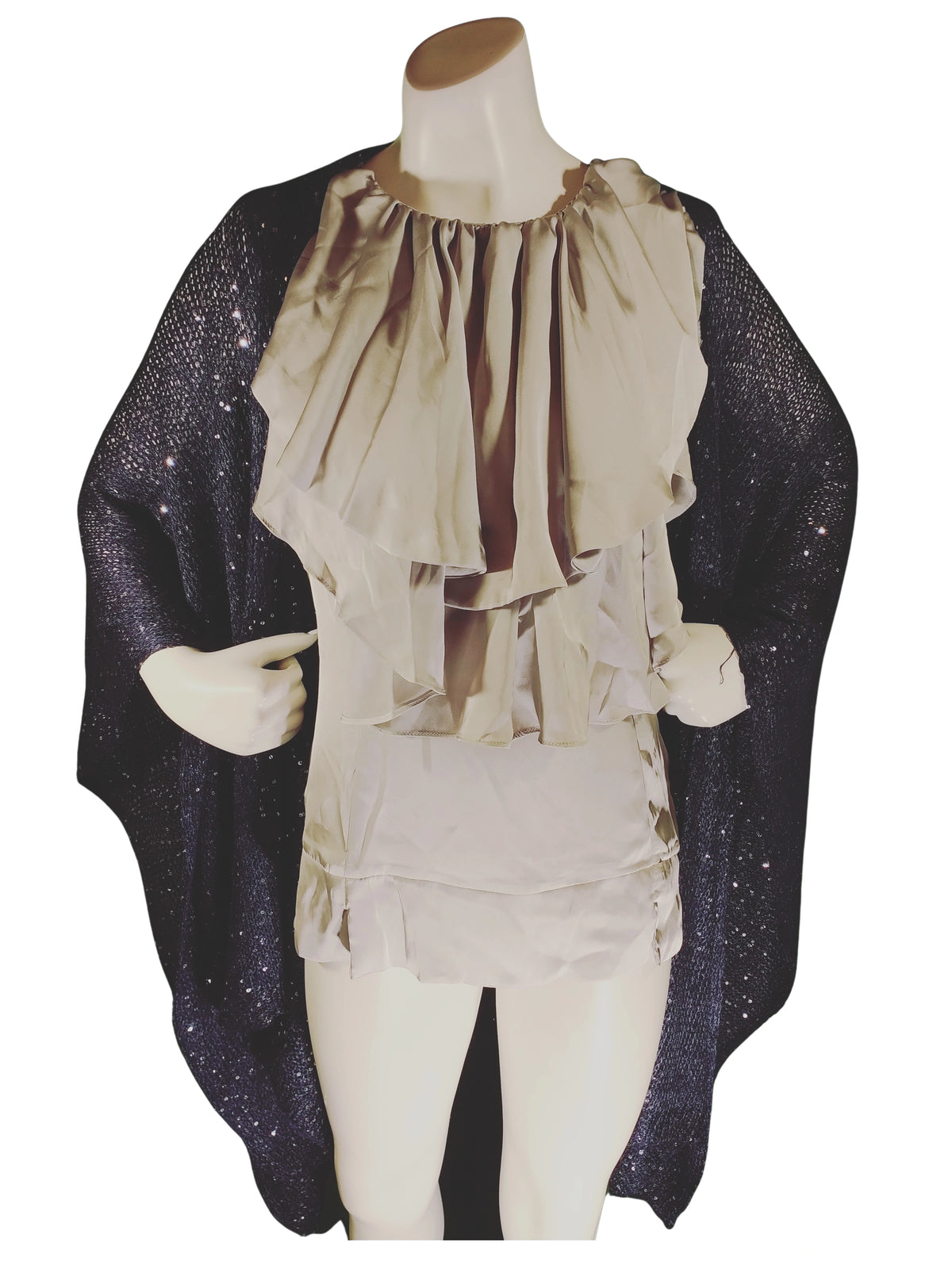 INC Navy Sequin Shawl – Elegant Fringe Wrap, Soft Polyester Blend (66.5"x21.5")