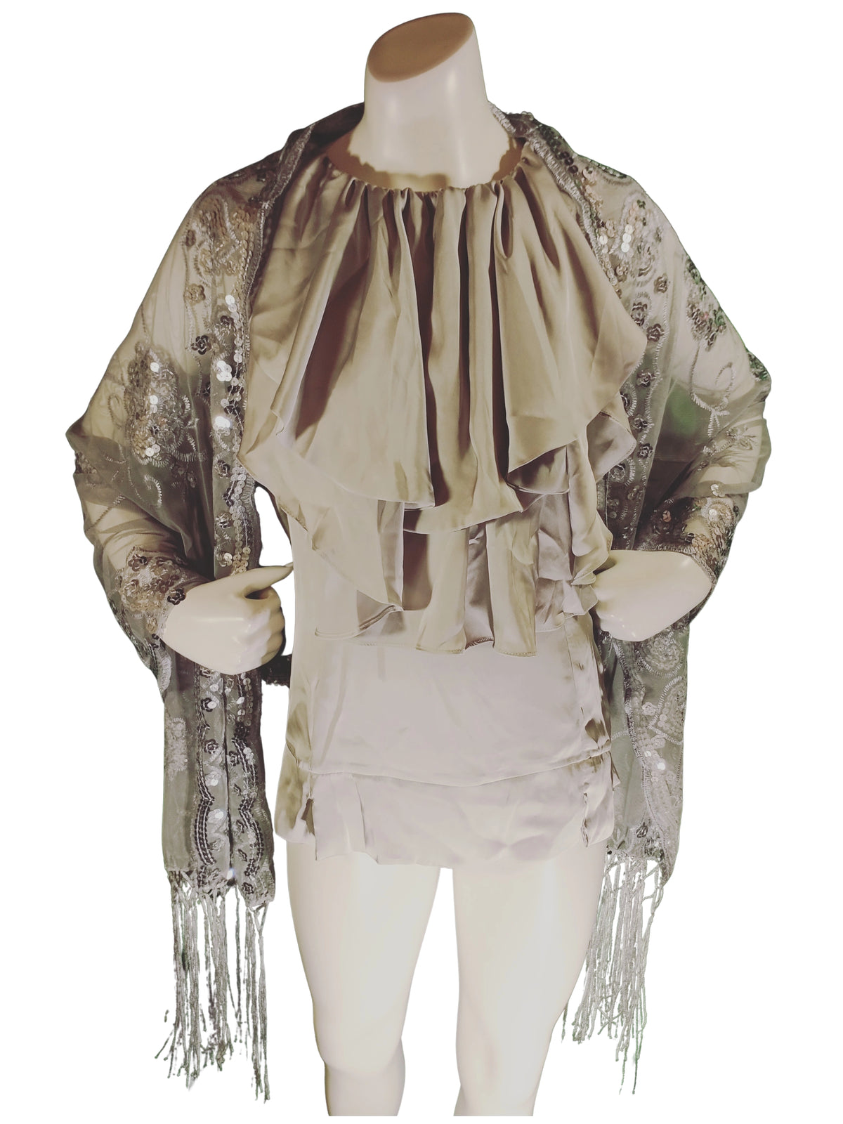 INC Silver Sheer Scarf – Embroidered Sequin Wrap with Fringe, Elegant 100% Polyester (66"x23.5")