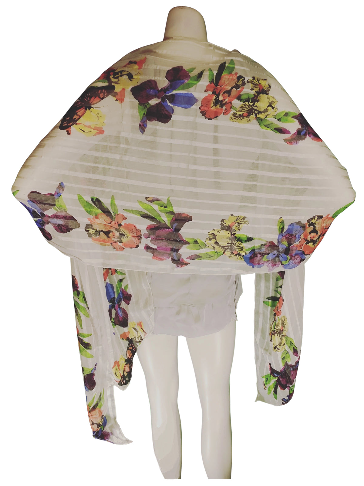 INC White Multi-Flower Sheer Scarf – Elegant Lightweight Polyester Wrap with Angled Ends (84"x18.25")