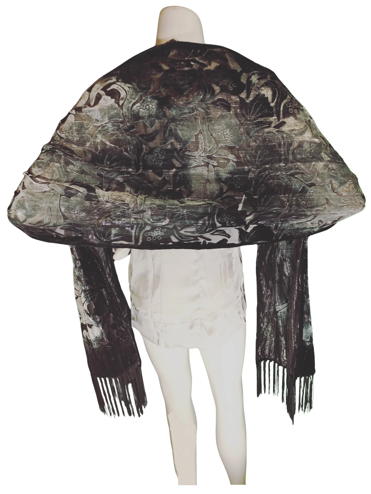INC Black Grey Green Etched Velvet Scarf – Elegant Fringe Wrap, Luxe Fabric (70"x17")