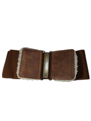 Diva General Brown Stretchy Belt  3"x25.5" Pleather & Webbing Waist Belt with Hook & Eye Closure