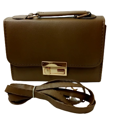 Brown Leather Purse with Dual Locks & Removable Strap - Diva General Collection