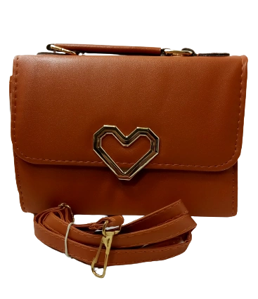 Tan Leather Purse with Big Heart Design & Removable Strap - Diva General Collection