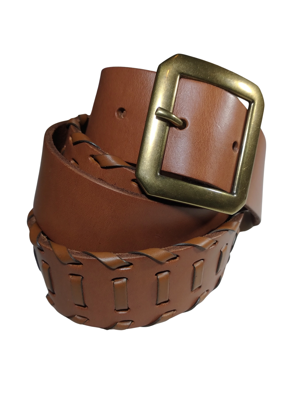 Lauren Ralph Lauren Golden Brown Leather Ladder Braid Belt 1.375"x42" Genuine Leather Belt with Classic Buckle