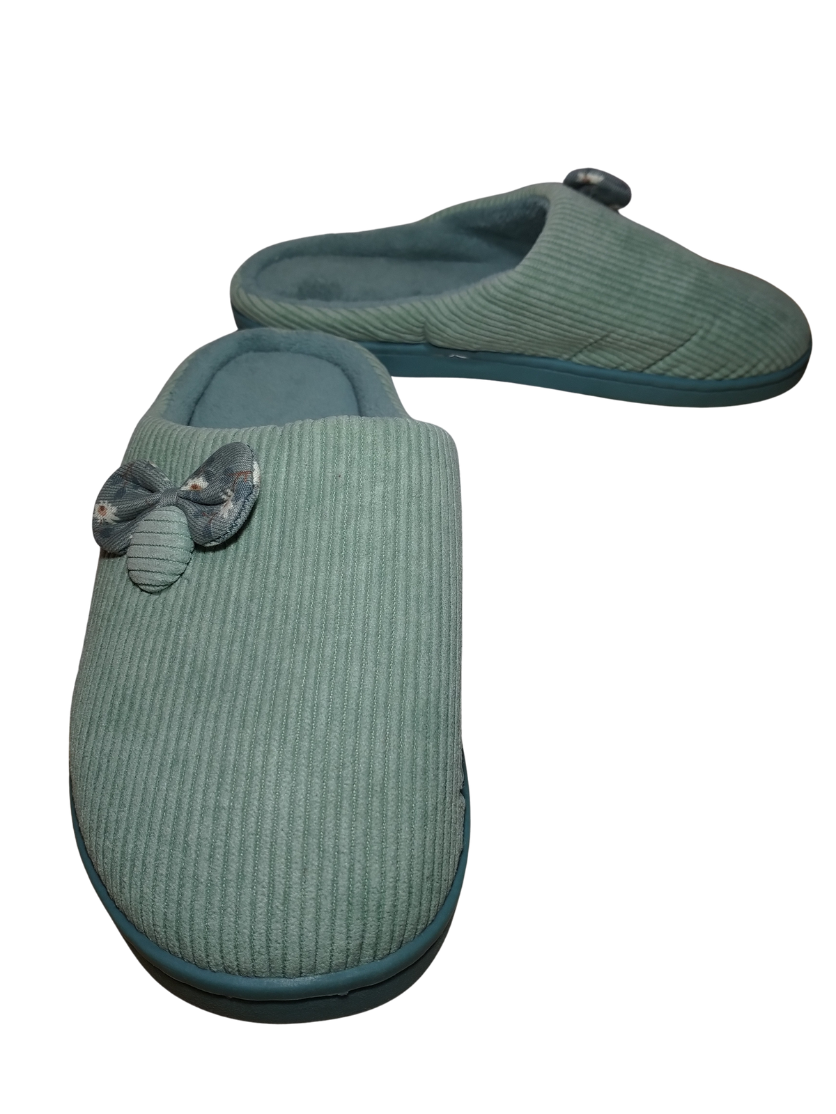 Harbour Green Slippers with Floral Print Bow & Button