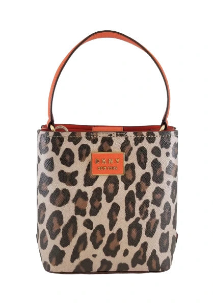DKNY Bianca Small Orange Leopard Convertible Crossbody Bucket Bag with Removable Chain Strap