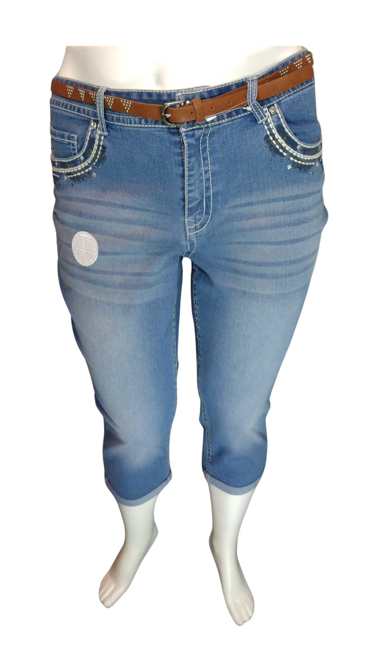 Faded Glory Blue Women's Jeans and Belt with Embroidery and Beads - 20W