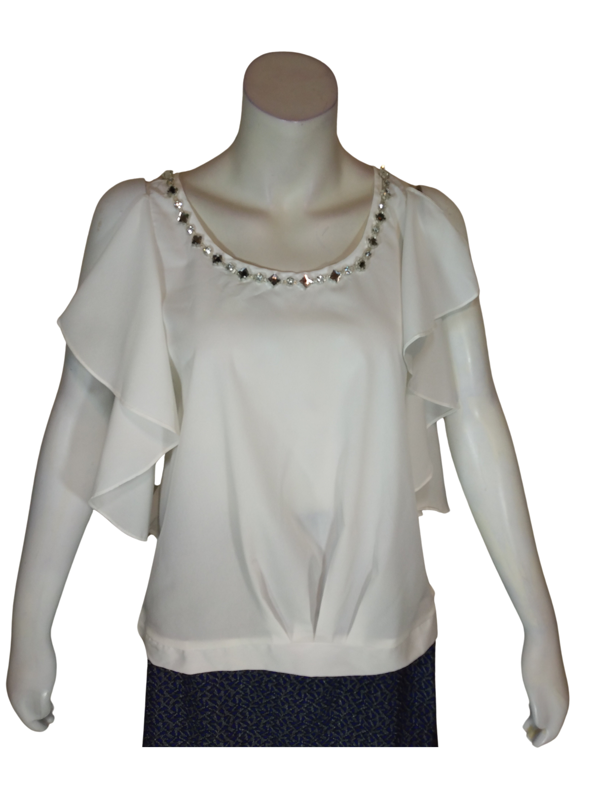 Day & Night White Jeweled Neckline Ruffled Sleeveless Women's Blouse - Large