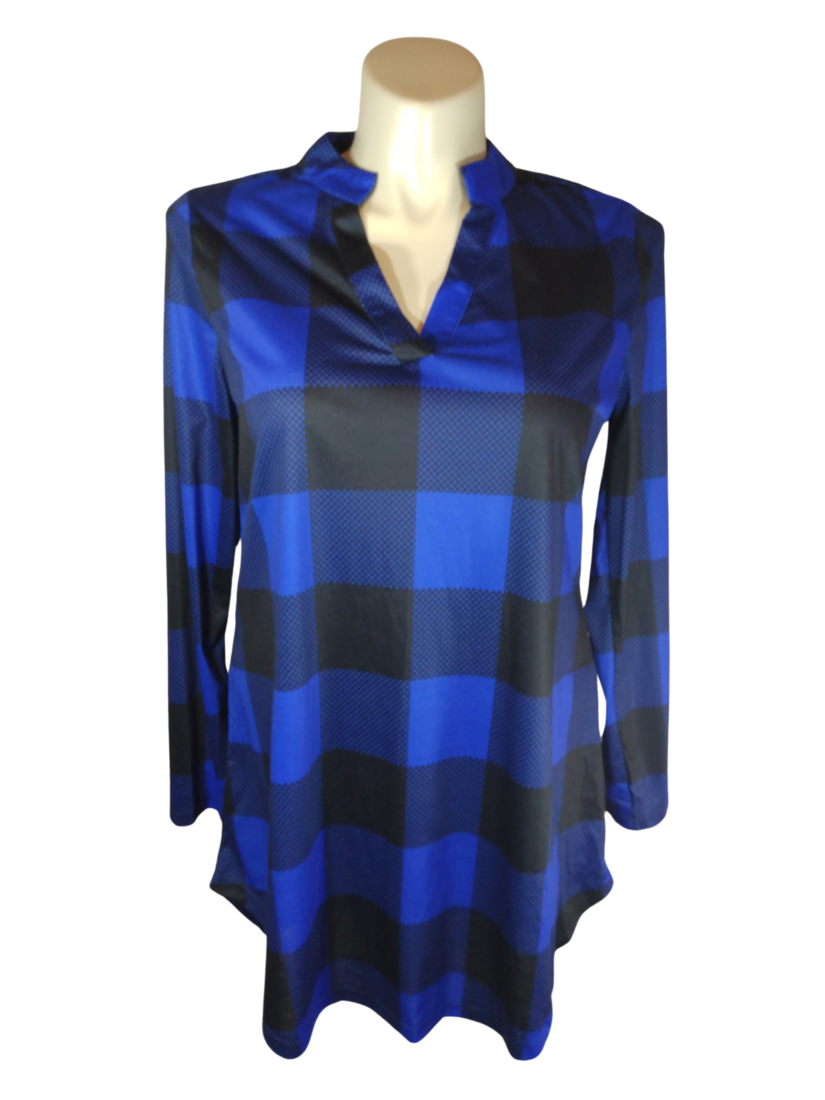 Diva General Collection Blue/Black Check Long Sleeve Women's Blouse - 3X