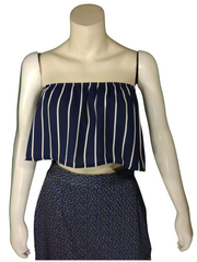 Qi Ling Navy/White Striped Yoke Crop Women's Top - XL