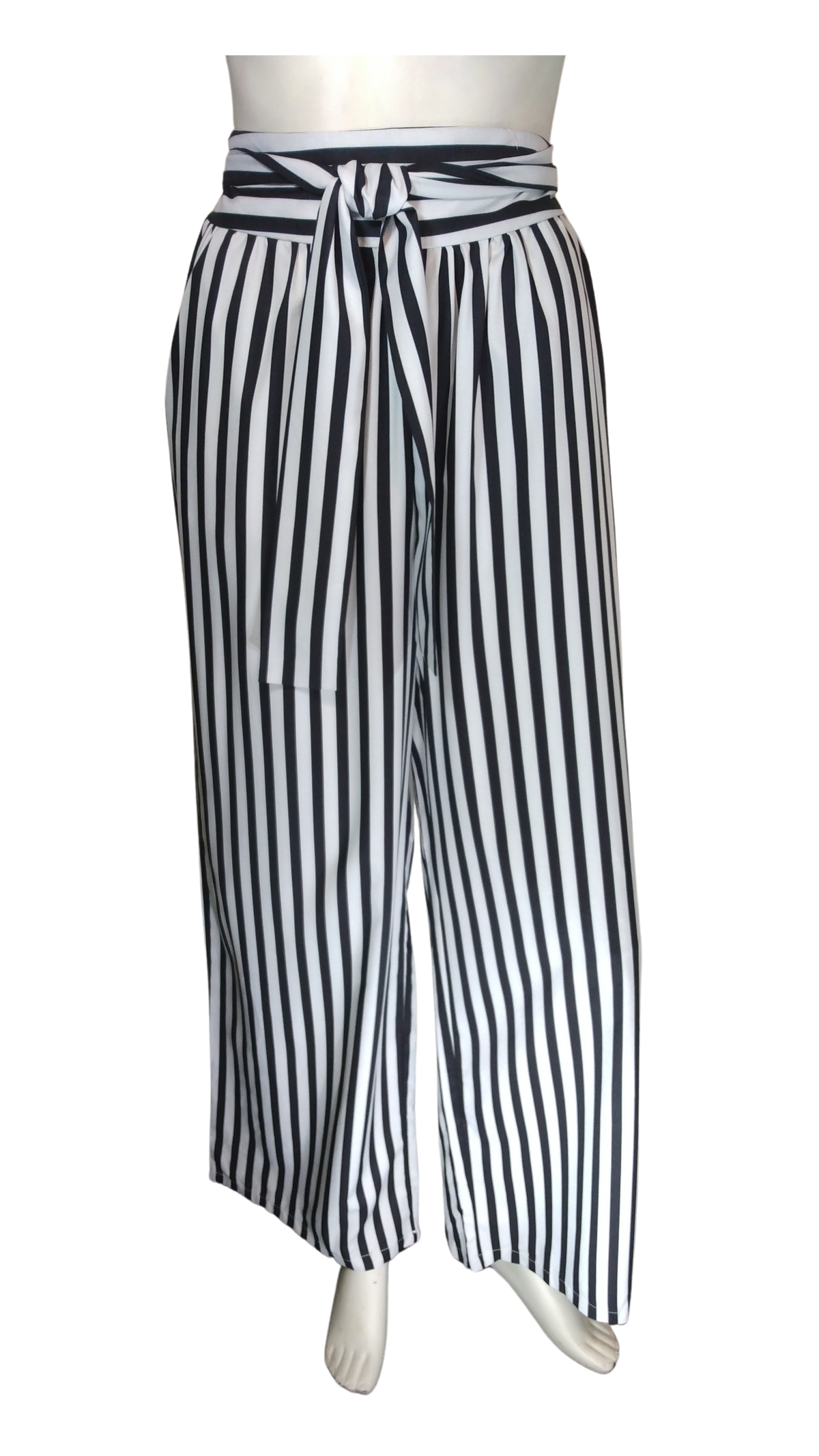 Fashion Black/White Striped Women's Pants with Waist Tie - Large