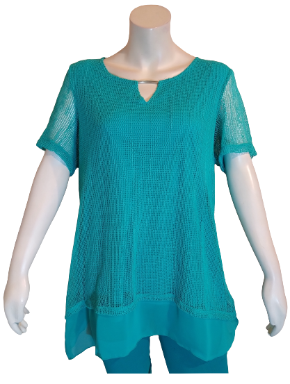JM Collection Green Short Sleeve Women's Top with Fishnet and Sequins - 2X