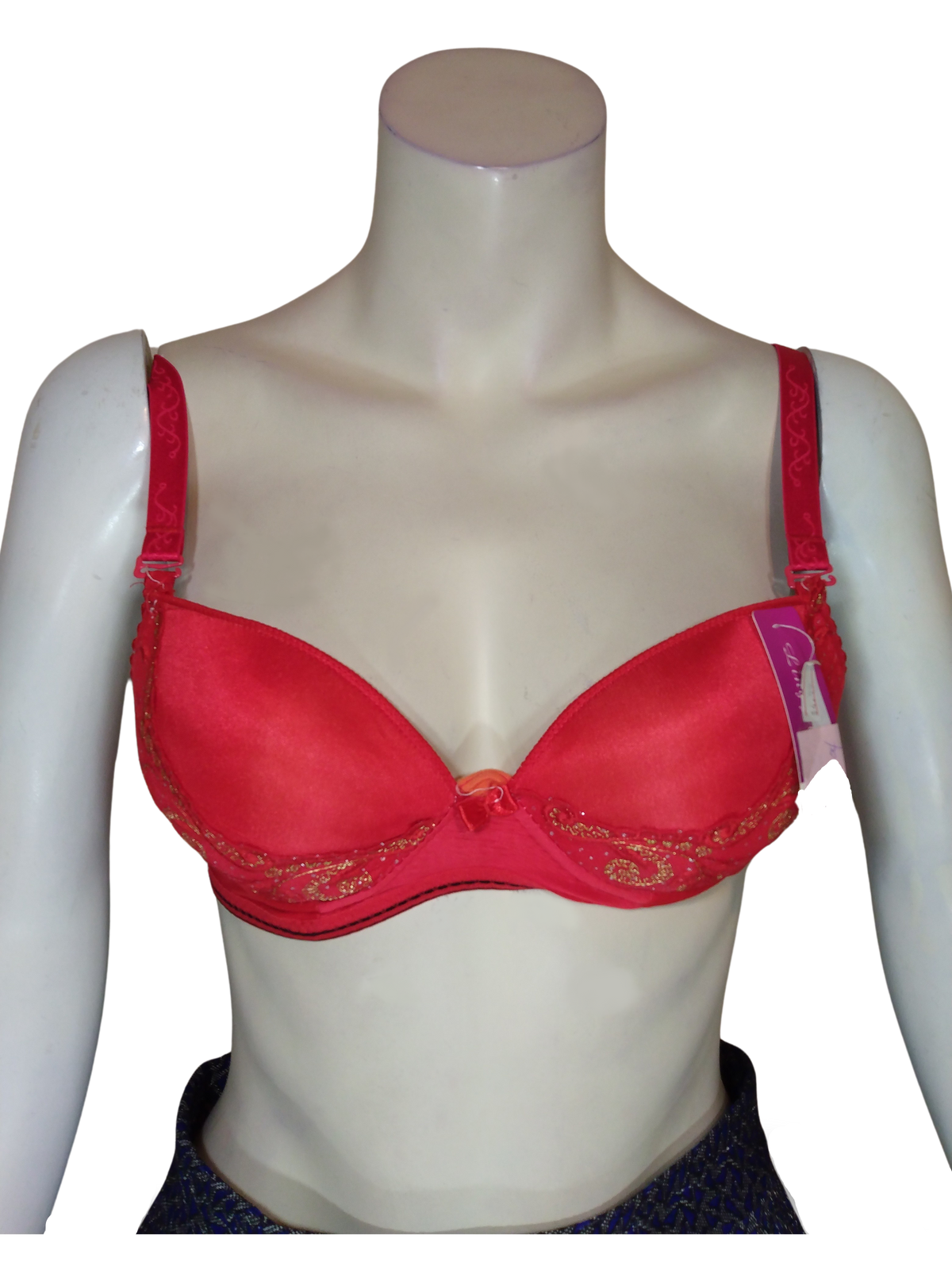 Lingyilu Red/Gold Padded Embroidered Women's Bra - 34