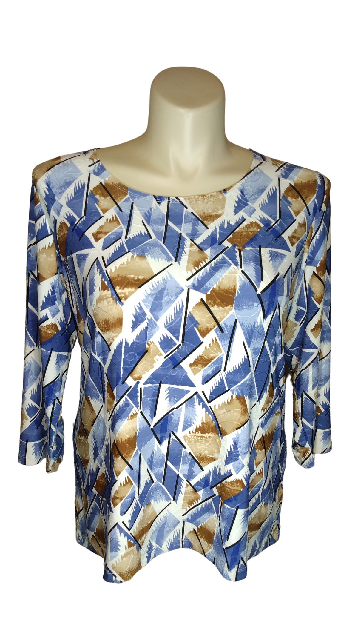 JM Collection Blue/Brown/Cream/Black Abstract Long Sleeve Women's Top - 0X