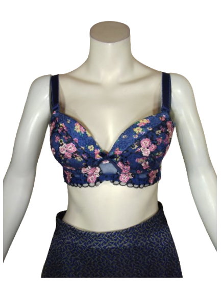 Diva General Collection Blue Push-Up Lace Women's Bra with Pink Flowers - 32