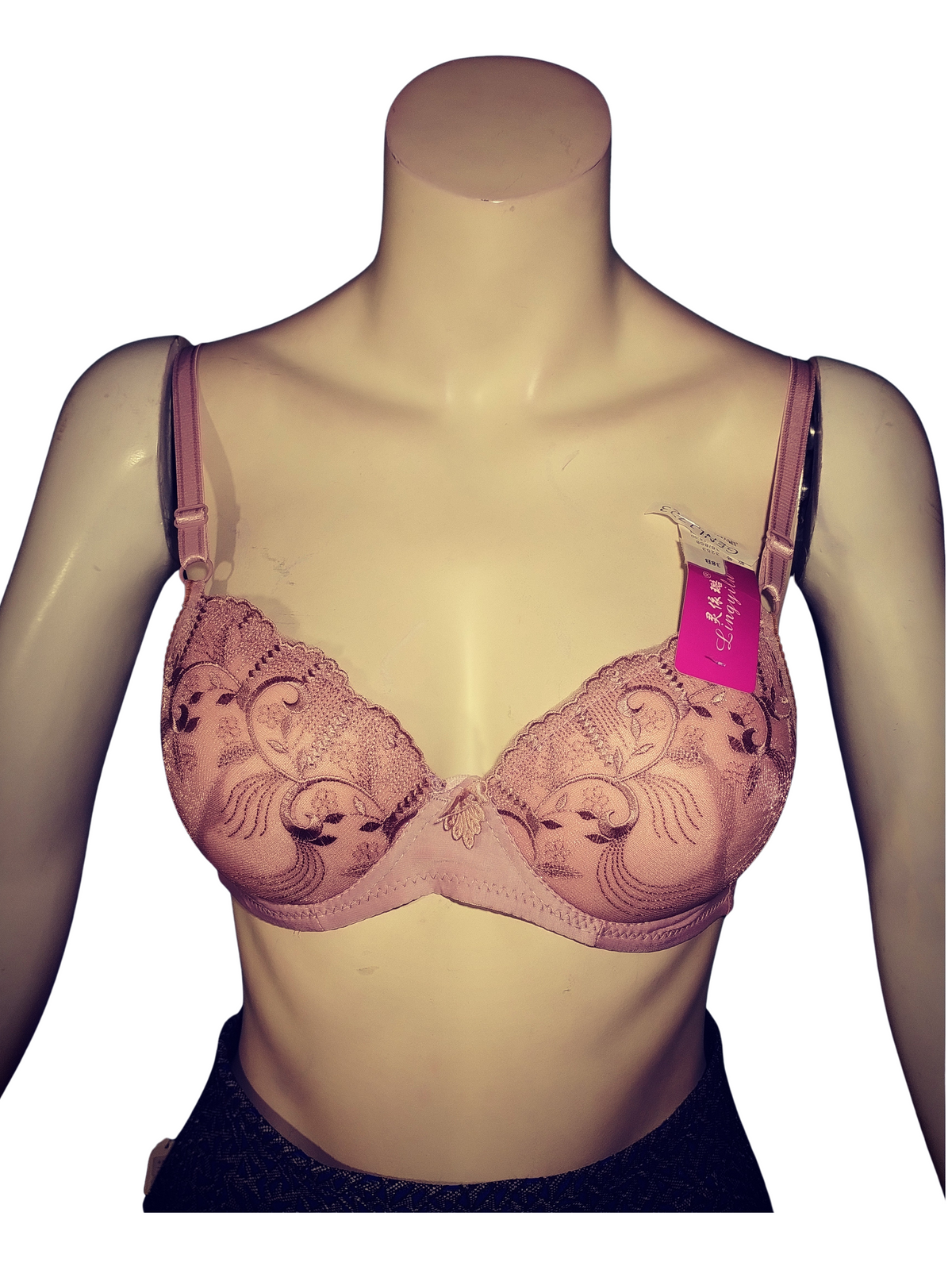 Pink embroidered push-up bra front view
