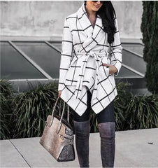 Camisa White Windowpane Wide-Lapel Tie-Waist Side Tail Coat