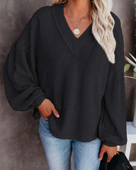 Vrkufie Black Waffle-Knit Button Bishop-Sleeve Sweater