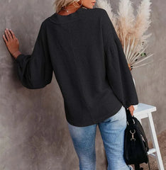 Vrkufie Black Waffle-Knit Button Bishop-Sleeve Sweater