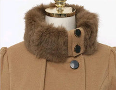 GYK Camel Faux Fur-Collar Belted Pleated Peacoat