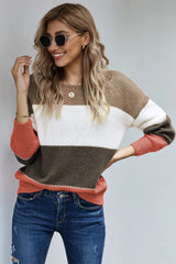 C & MarDay Khaki & Orange Color-Block Boatneck Sweater