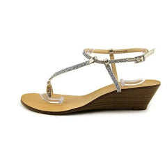 INC Womens I35 Mystik Toe Loop T-Strap Studded Wedge Sandals Pearl Gold