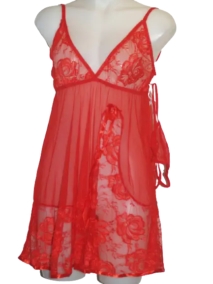 Baby Doll Bow & Lace Detail Top and Panty Thong Set Red