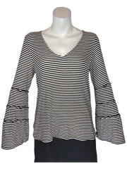 August Mist Women’s Black/Cream Striped Top with Bell Sleeves, Size Large