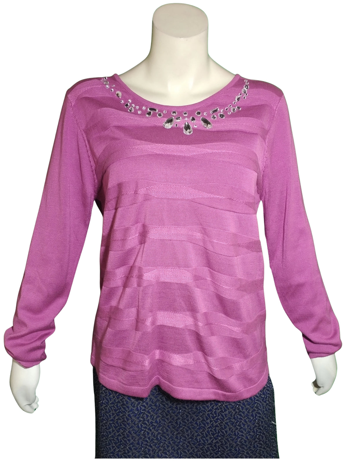 Women's Pink Striped Sweater with Rhinestones – Large | 100% Acrylic Knit by Adrian Delafield