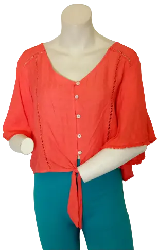 MM By Michelle Women’s Orange Waist Tie Short Sleeve Shirt, Size Large