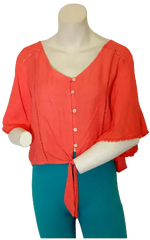 MM By Michelle Women’s Orange Waist Tie Short Sleeve Shirt, Size Large