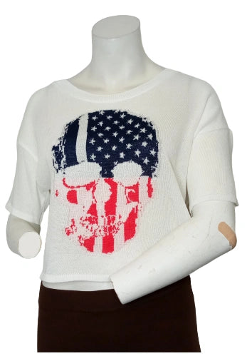 Girls' White Skull & American Flag Sweater – Large | Hera Collection Rayon-Acrylic Blend