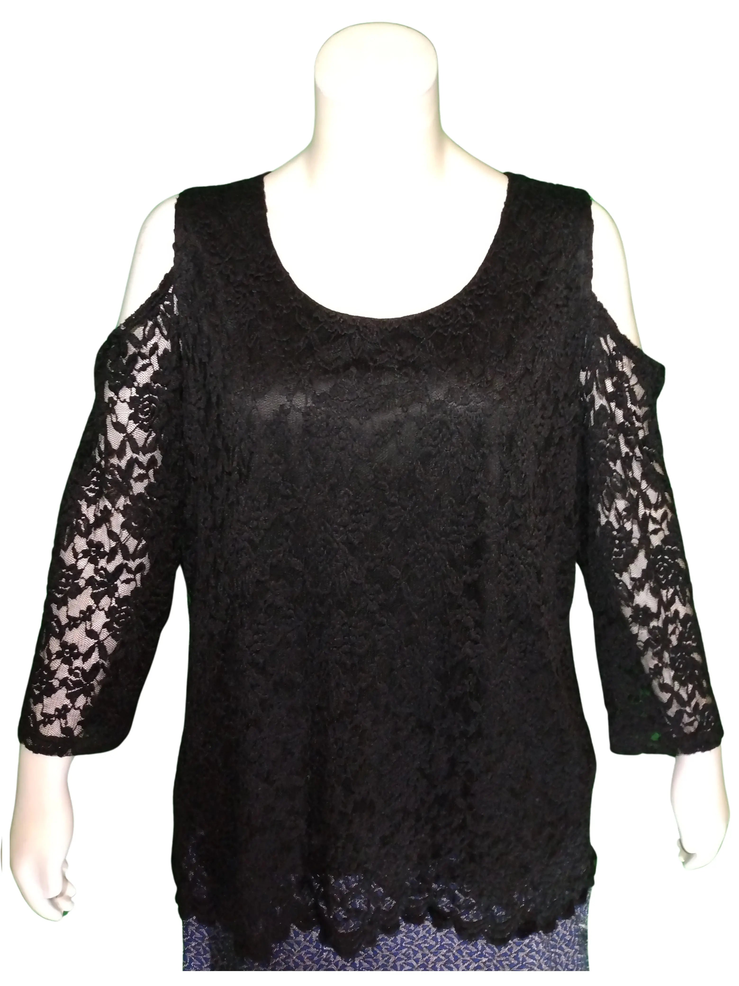 NY Collection Women’s Black Lace Cold Shoulder Top, Size 2X