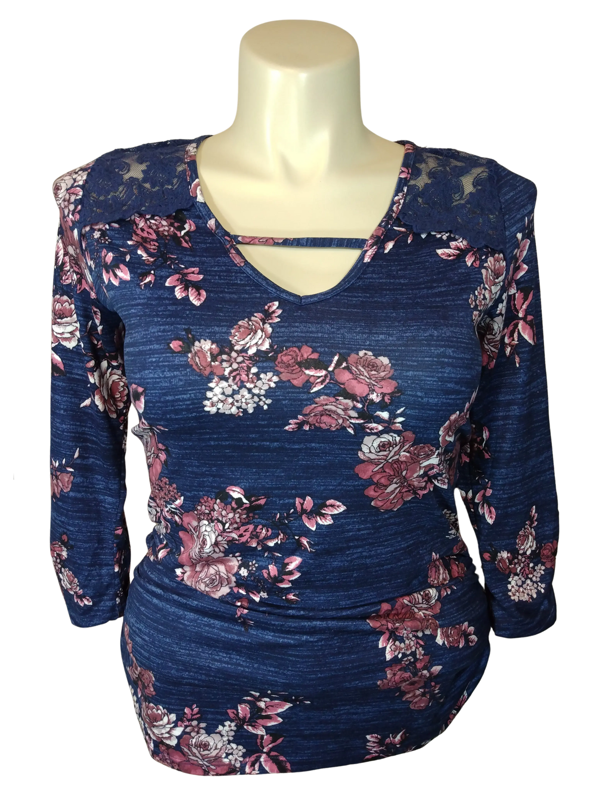 A. Byer Women’s Navy/Cranberry Floral Top with Lace Accent, Size XL