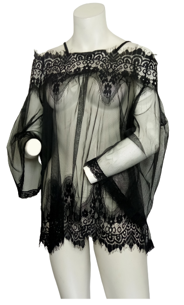 Black Floral Pattern Top with Sleeves and Panty Set Black