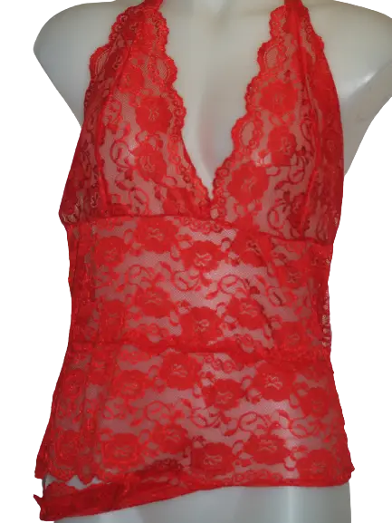 Lace Halter Leotard with Flower Detail Red