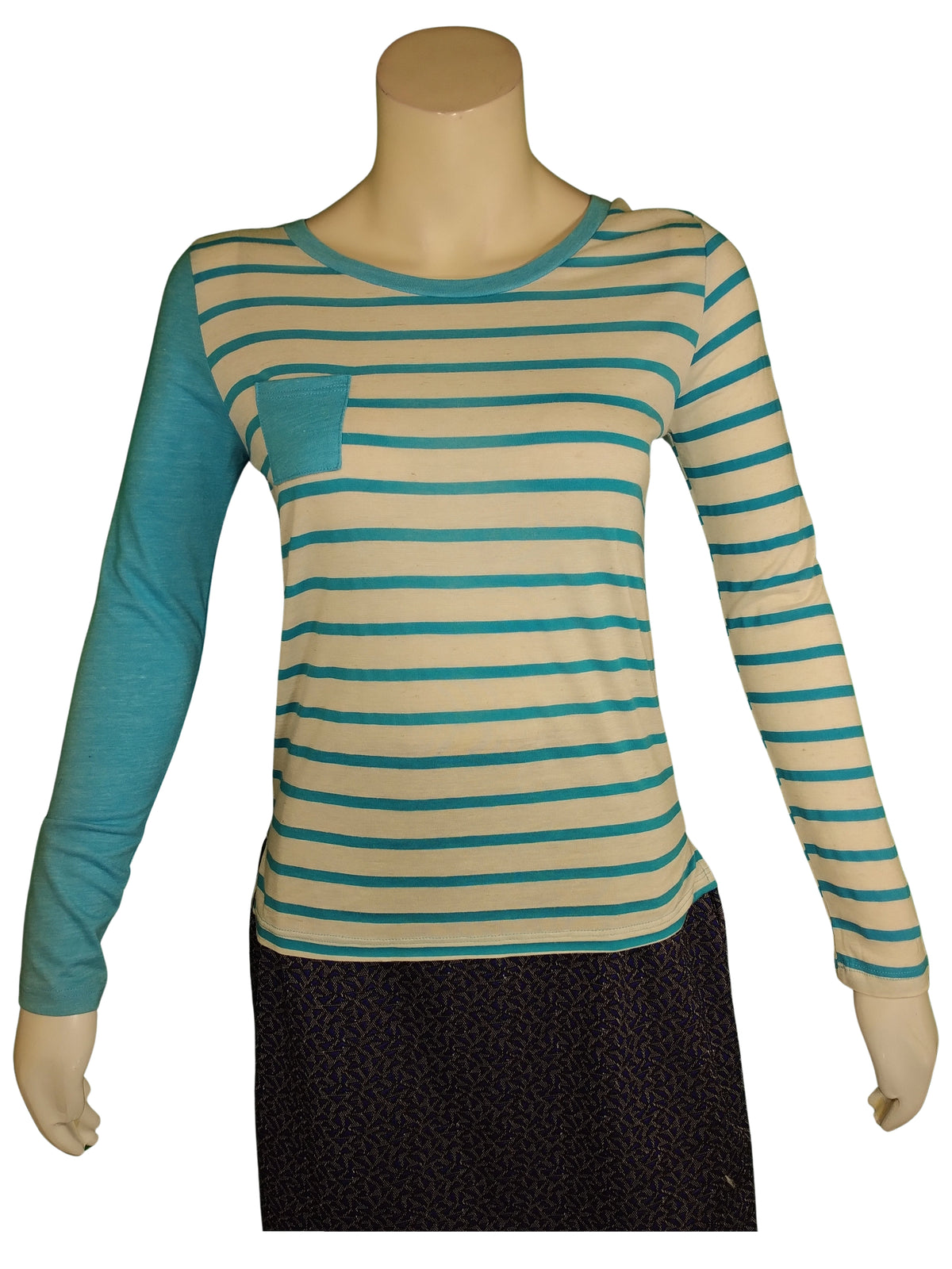 Harper Canyon Girls’ Aqua/Oatmeal Stripe Shirt – Size L (14) Rayon Blend Long Sleeve Top