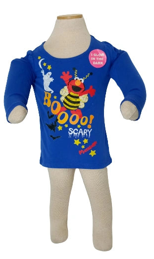 Sesame Street Girls’ Blue “Elmo” Glow-in-the-Dark Shirt – 18M Cotton Blend Short Sleeve Tee