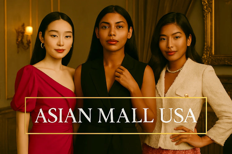 Three women standing together with 'Asian Mall USA' text overlay in a formal setting.
