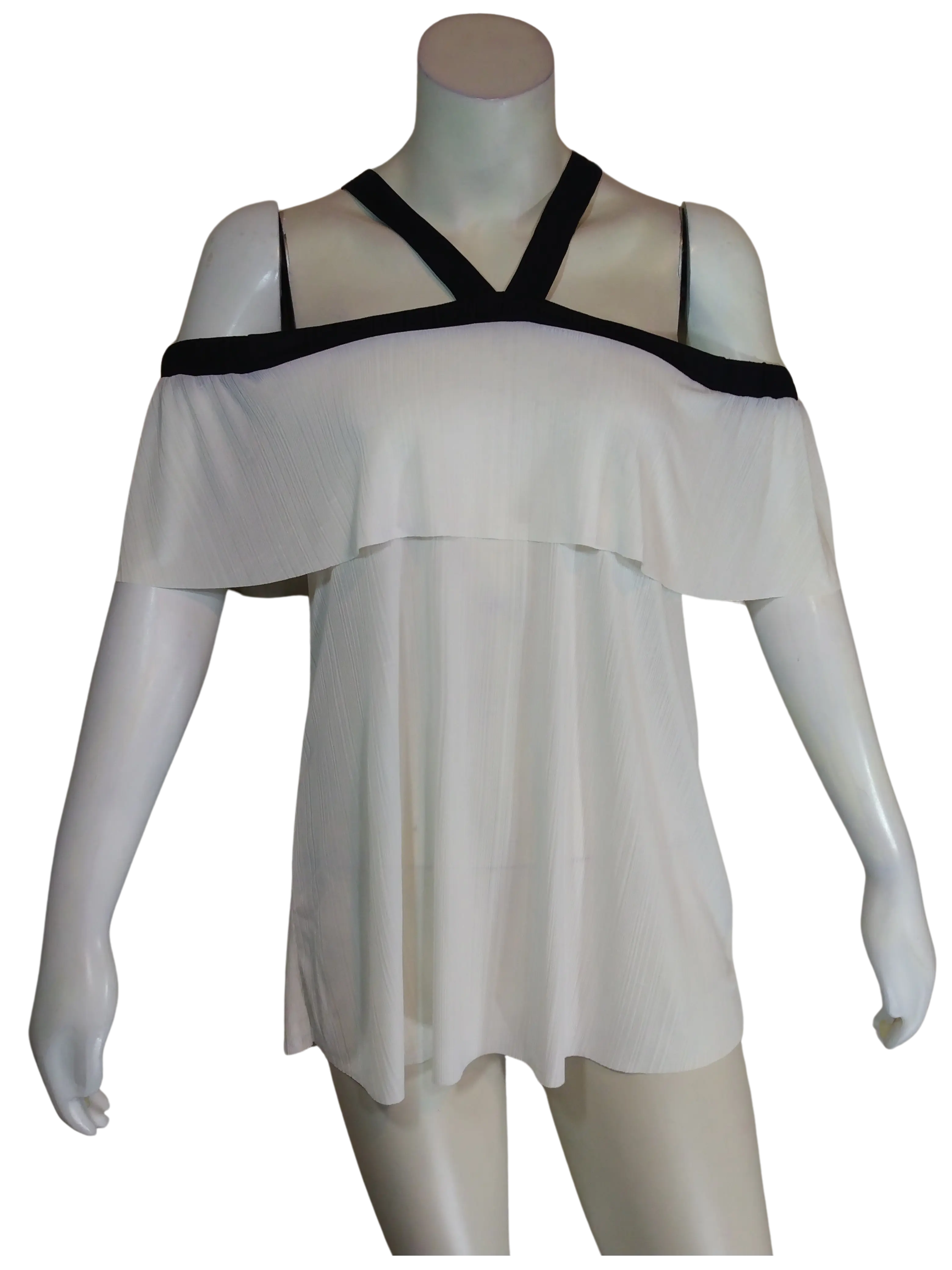 Larry Levine Women’s White Sheer Top with Yoke Collar, Size Medium