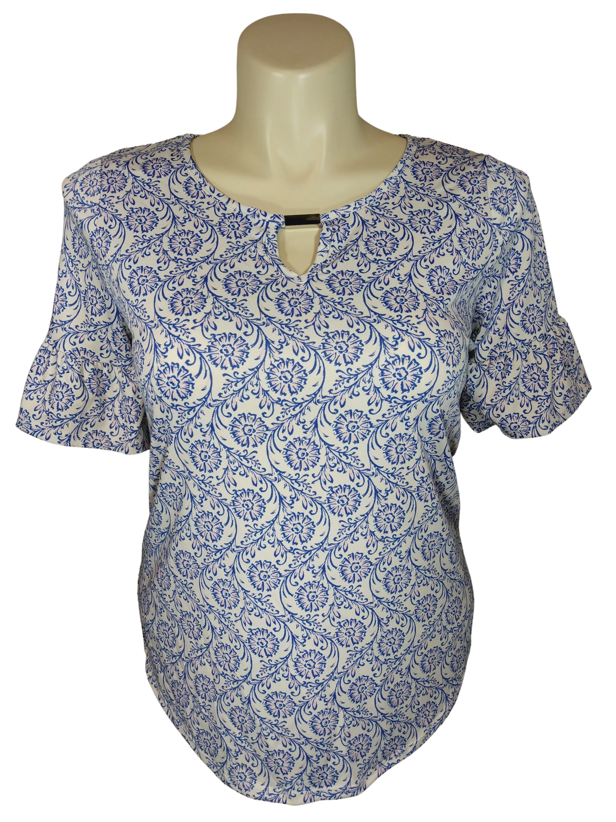 Notations Women’s Cream/Blue/Pink Flowers Top, Size Medium