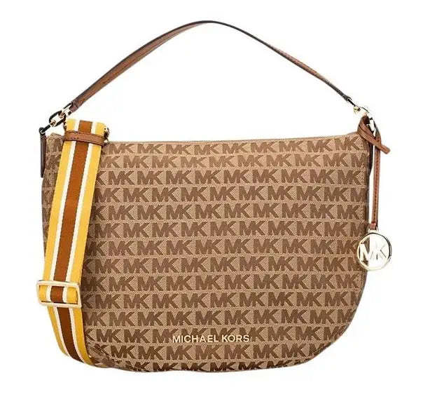MICHAEL KORS Bedford Signature Medium Crescent Shoulder Bag in Brown and Tan with Gold Tone Hardware