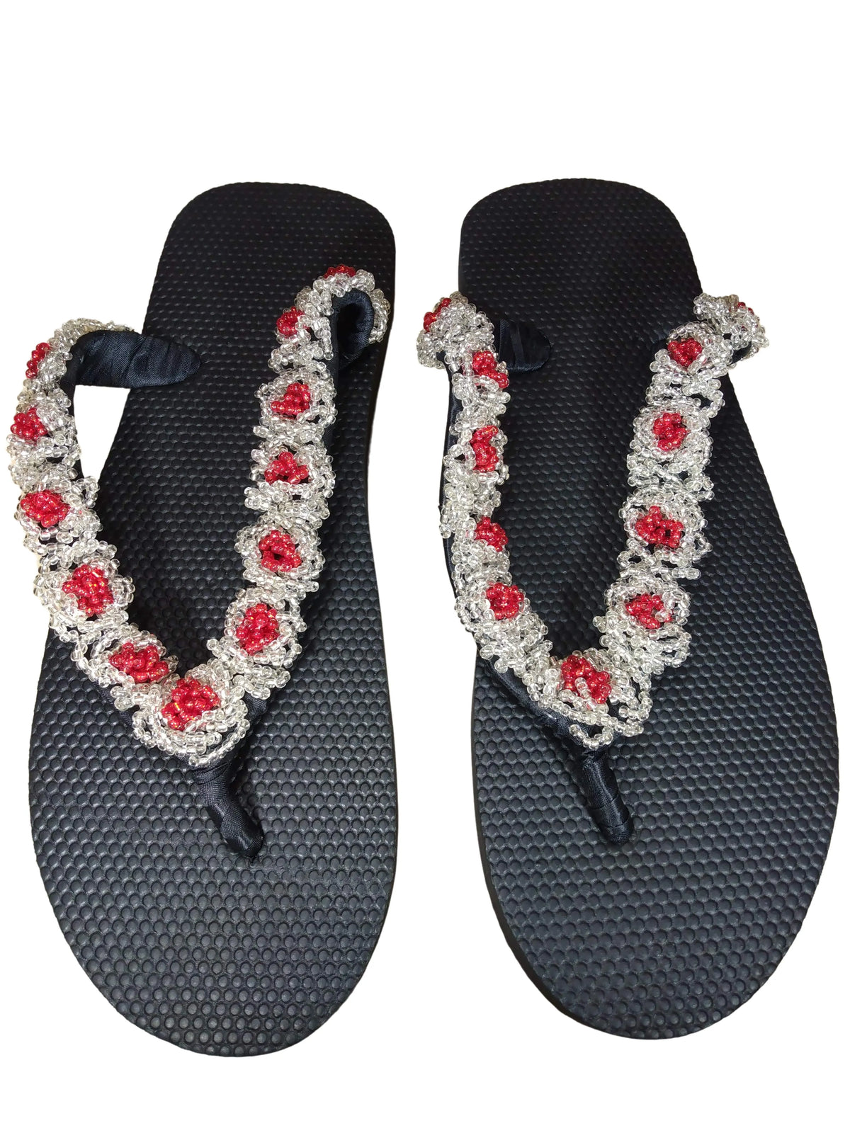 Beaded Unisex Flip Flop Silver Red Size 12.5 (measure 11")