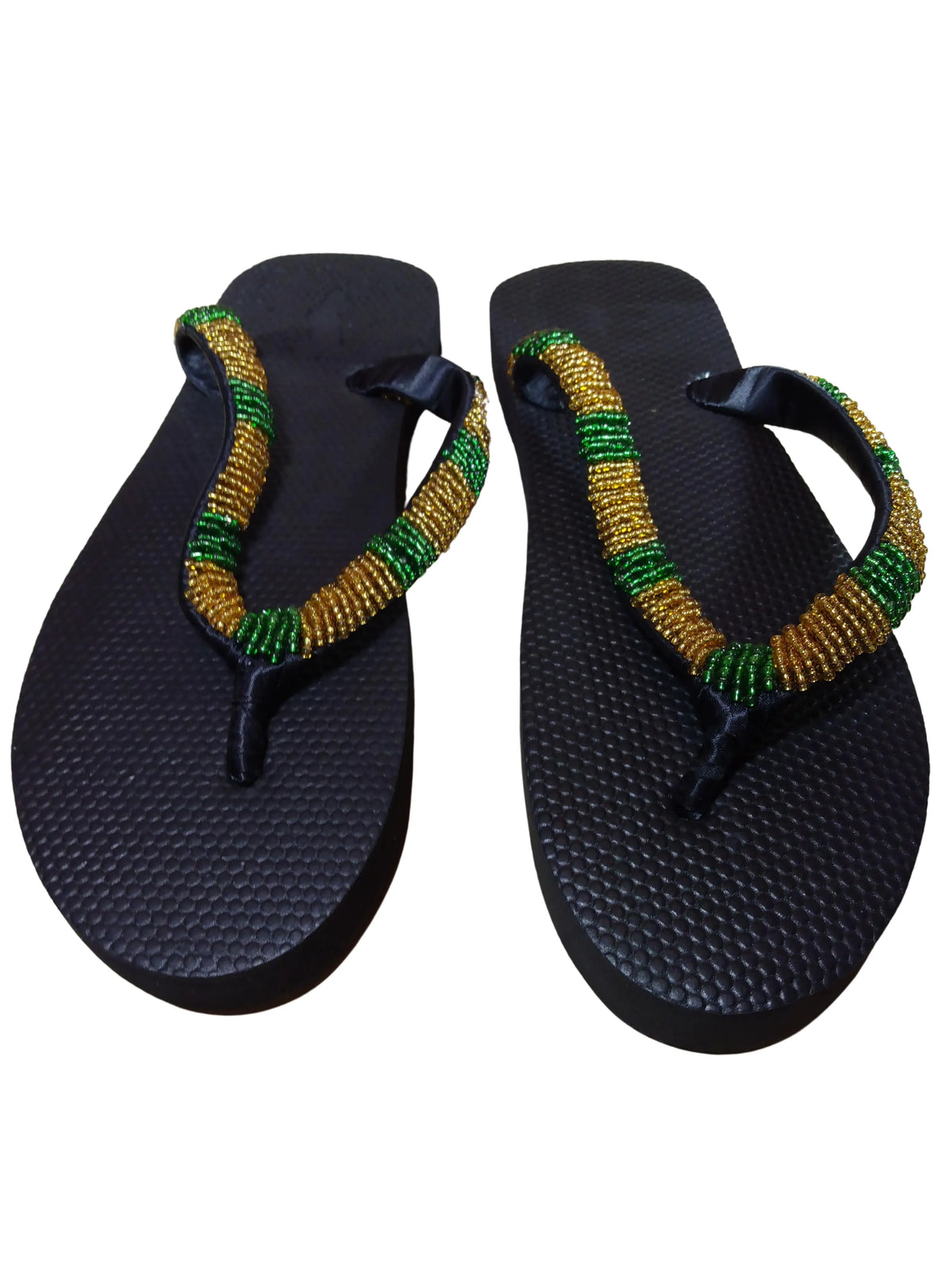 Beaded Unisex Flip Flop Gold Green Size 12.5 (measure 11")