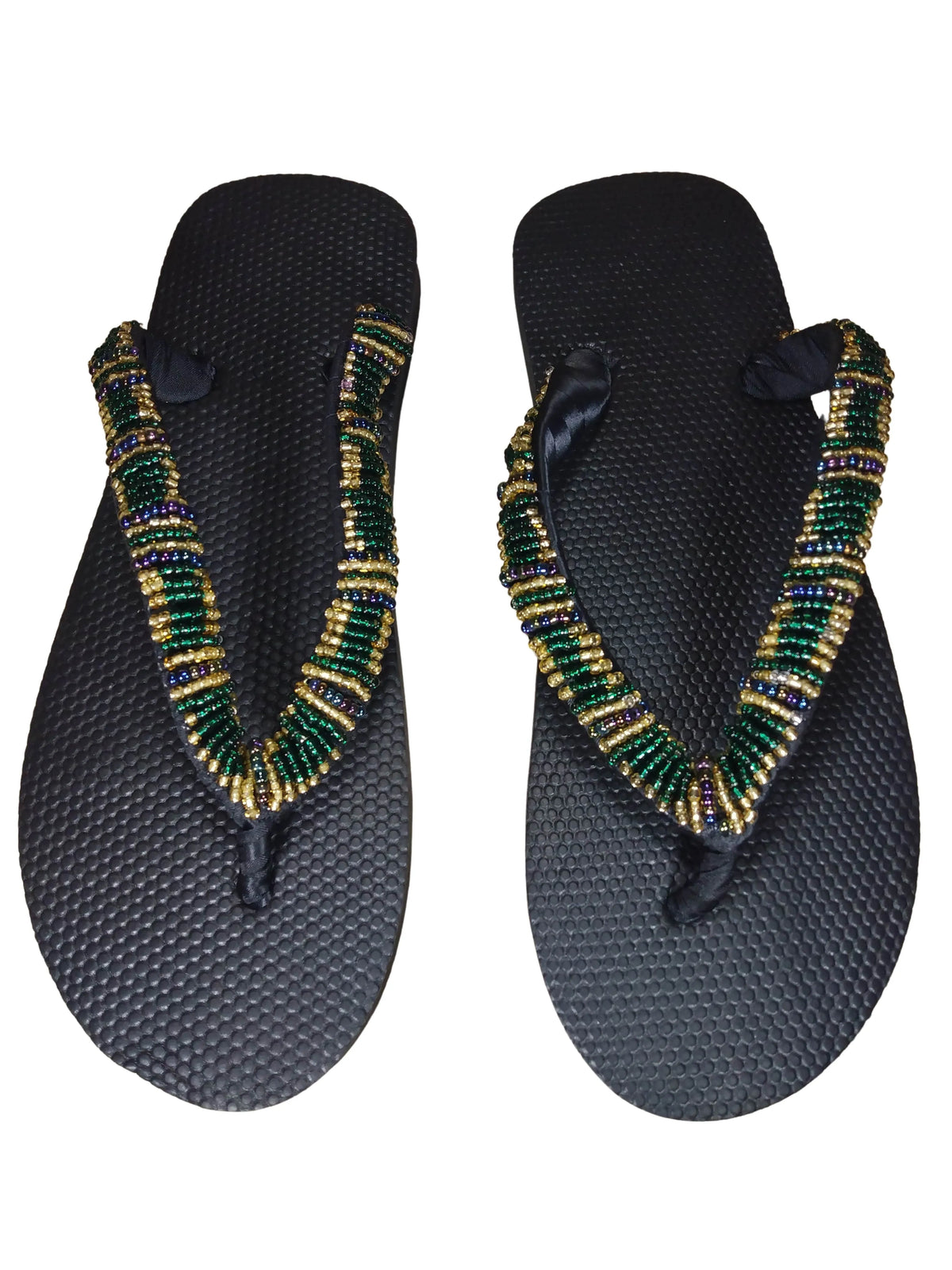 Beaded Unisex Flip Flop Green Gold Size 12.5 (measure 11")